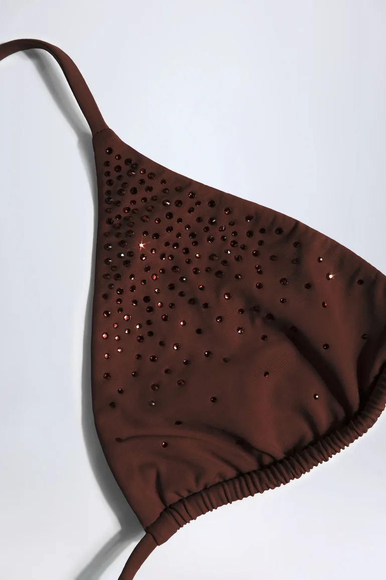 Embellished Triangle Bikini Top in Chocolate Brown - 2