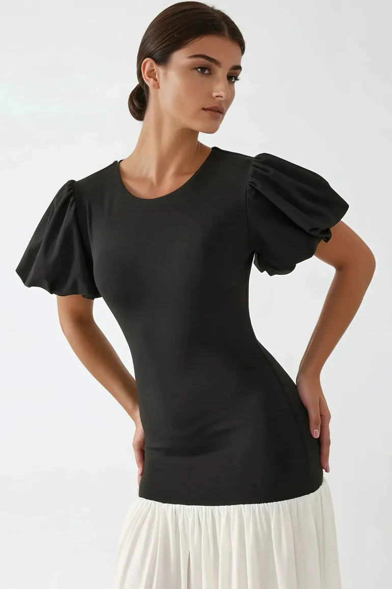 Fitted Contrast Midi Dress with Crew Neck - 2