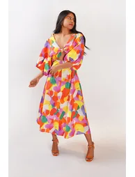 Cut Out Balloon Sleeve Midi Dress - Multicolour - 6