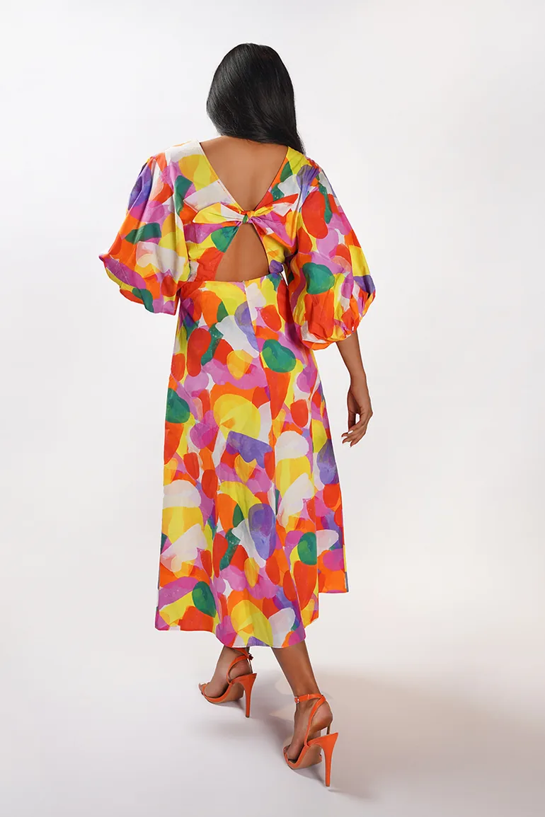 Cut Out Balloon Sleeve Midi Dress - Multicolour - 5