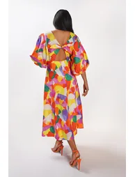Cut Out Balloon Sleeve Midi Dress - Multicolour - 5