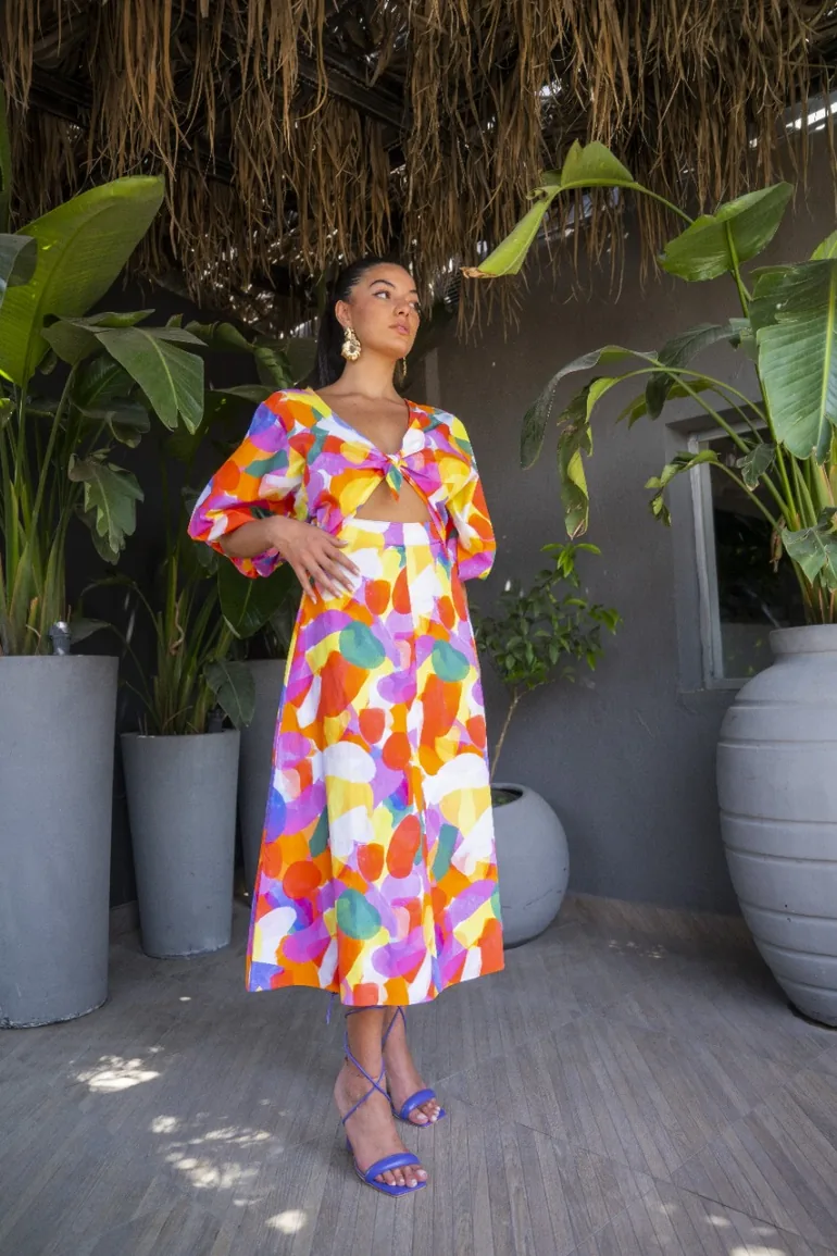 Cut Out Balloon Sleeve Midi Dress - Multicolour - 4