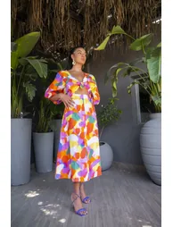 Cut Out Balloon Sleeve Midi Dress - Multicolour - 4