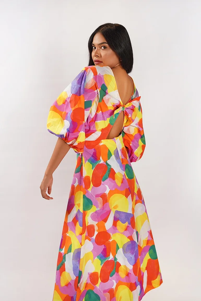 Cut Out Balloon Sleeve Midi Dress - Multicolour - 3