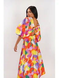 Cut Out Balloon Sleeve Midi Dress - Multicolour - 3