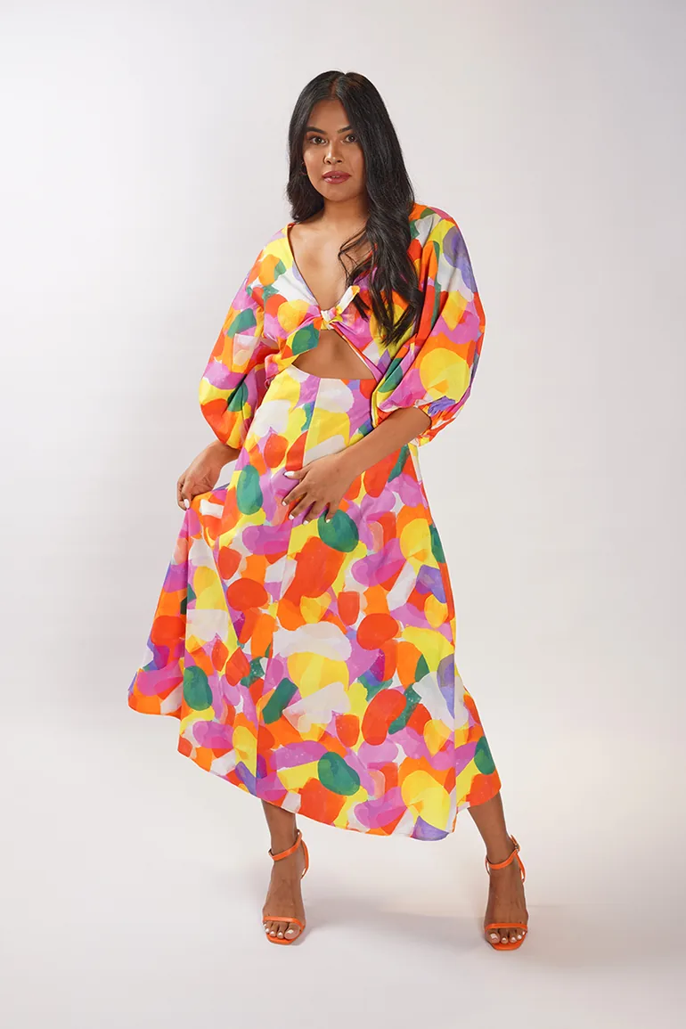 Cut Out Balloon Sleeve Midi Dress - Multicolour