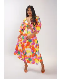 Cut Out Balloon Sleeve Midi Dress - Multicolour