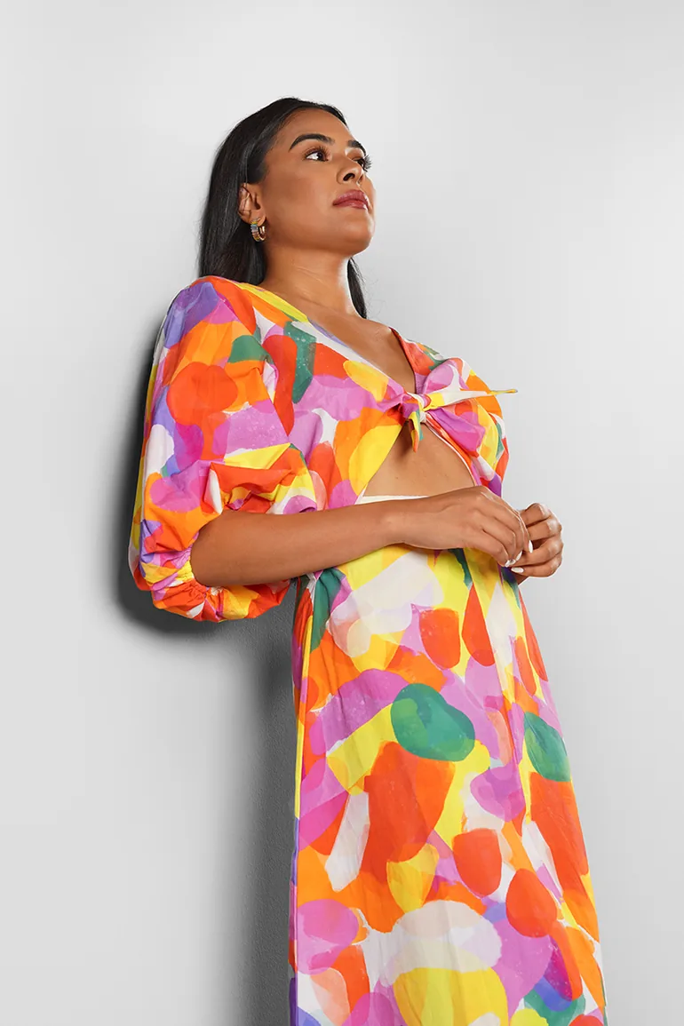 Cut Out Balloon Sleeve Midi Dress - Multicolour - 1