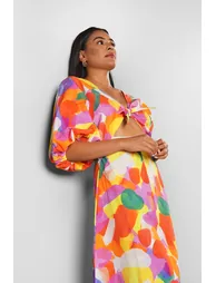 Cut Out Balloon Sleeve Midi Dress - Multicolour - 1