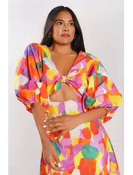 Cut Out Balloon Sleeve Midi Dress - Multicolour - 2