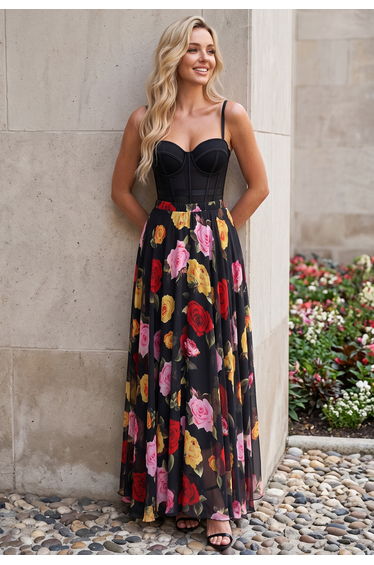 Blooming Rose Watercolor Maxi Skirt in Black
