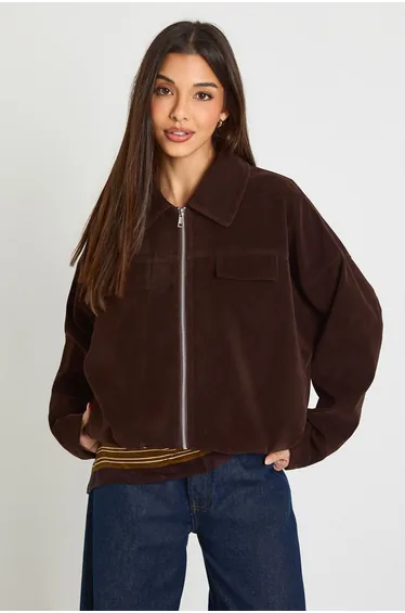 Faux Suede Bubble Hem Bomber Jacket
