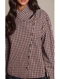 Chocolate Check Asymmetric Funnel Neck Shirt - 3