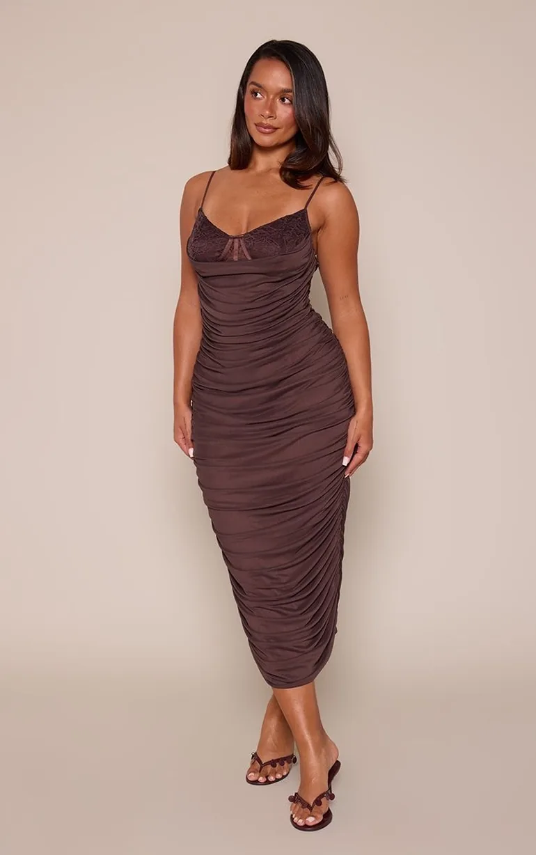 Shape Chocolate Lace Trim Ruched Mesh Mini Dress - 2