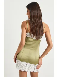 Lace Trim Satin Slip Mini Dress - olive - 1