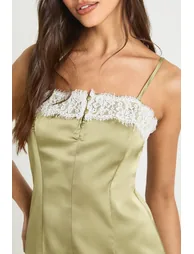 Lace Trim Satin Slip Mini Dress - olive - 3