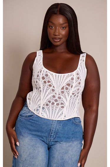 Plus White Textured Sheer Floral Square Neck Corset product thumbnail 2