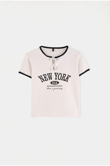 Ecru Plain Knitted T-Shirt product thumbnail 2