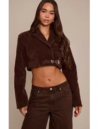Chocolate Faux Suede Extreme Cropped Blazer - 4