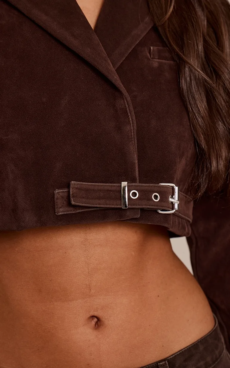 Chocolate Faux Suede Extreme Cropped Blazer - 3