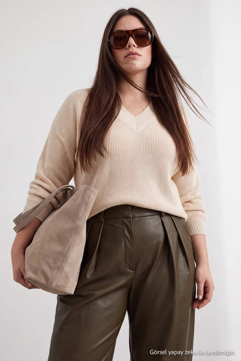 Ecru V-Neck Knitwear Sweater with Gathered Sleeves