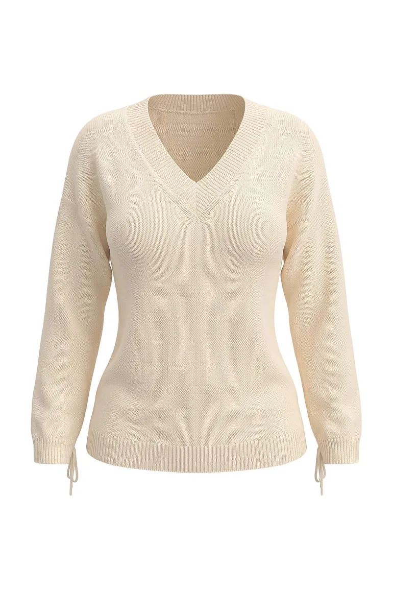 Ecru V-Neck Knitwear Sweater with Gathered Sleeves - 4