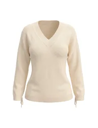 Ecru V-Neck Knitwear Sweater with Gathered Sleeves - 4