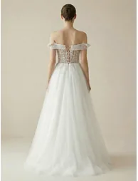 Leely Off Shoulder Puff Sleeve A Line Beaded Tulle Wedding Dresses - 2