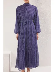 Navy Blue Stand Collar Polka Dot Lined Woven Chiffon Dress - 1