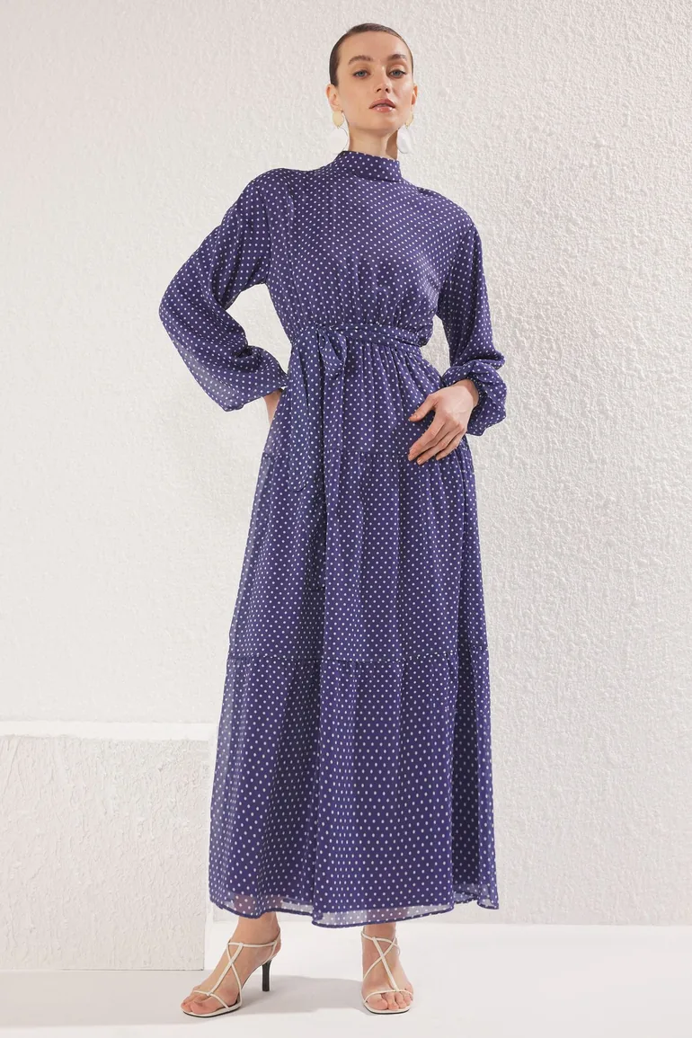 Navy Blue Stand Collar Polka Dot Lined Woven Chiffon Dress