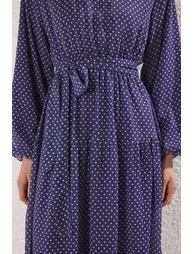 Navy Blue Stand Collar Polka Dot Lined Woven Chiffon Dress - 2