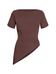 Dark Chocolate Woven Structured Asymmetric Hem Top - 4