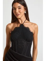 Halter Lace Corset Drape Skirt Maxi Dress - black - 3