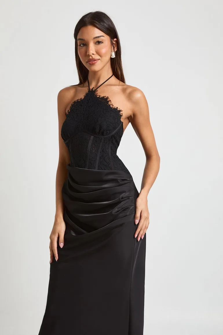 Halter Lace Corset Drape Skirt Maxi Dress - black - 2
