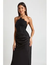 Halter Lace Corset Drape Skirt Maxi Dress - black - 2