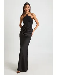 Halter Lace Corset Drape Skirt Maxi Dress - black