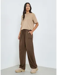 Brown Wide Leg Joggers with Drawstring