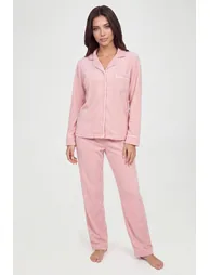 Baby Fleece Piping Detail Long Sleeve Shirt & Trousers Pyjama Set - light pink