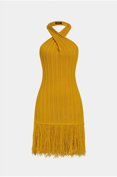 Knit Crossed Halter Neck Fringe Hem Sleeveless Mini Dress product thumbnail 2