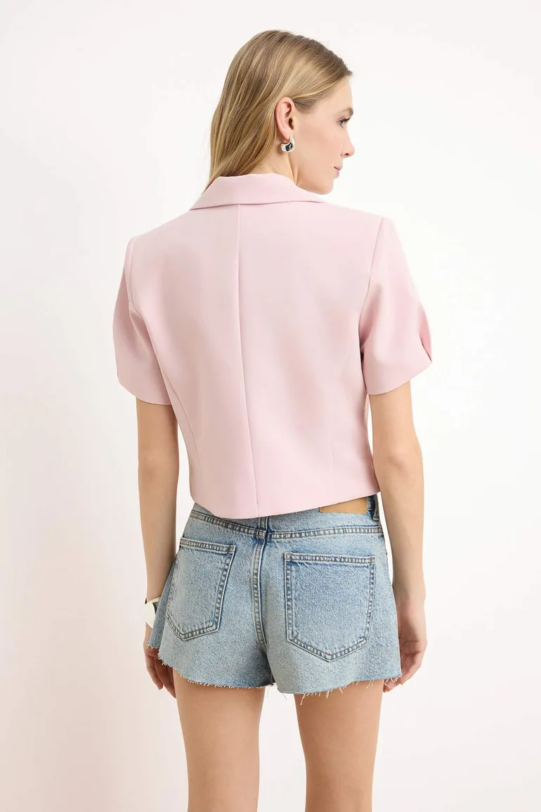 Pink Snap Fastener Short Sleeve Lined Blazer Jacket - 3