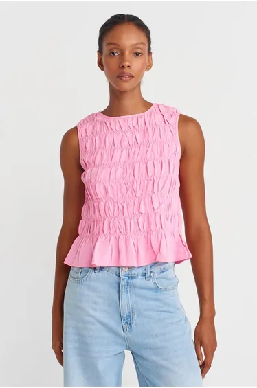 Dilvin Women's Crop Blouse With Crew Neck And Buttons