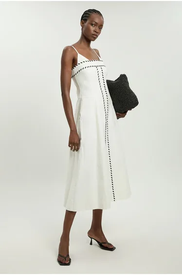 Petite Tailored Linen Blend Contrast Stitch Midi Dress