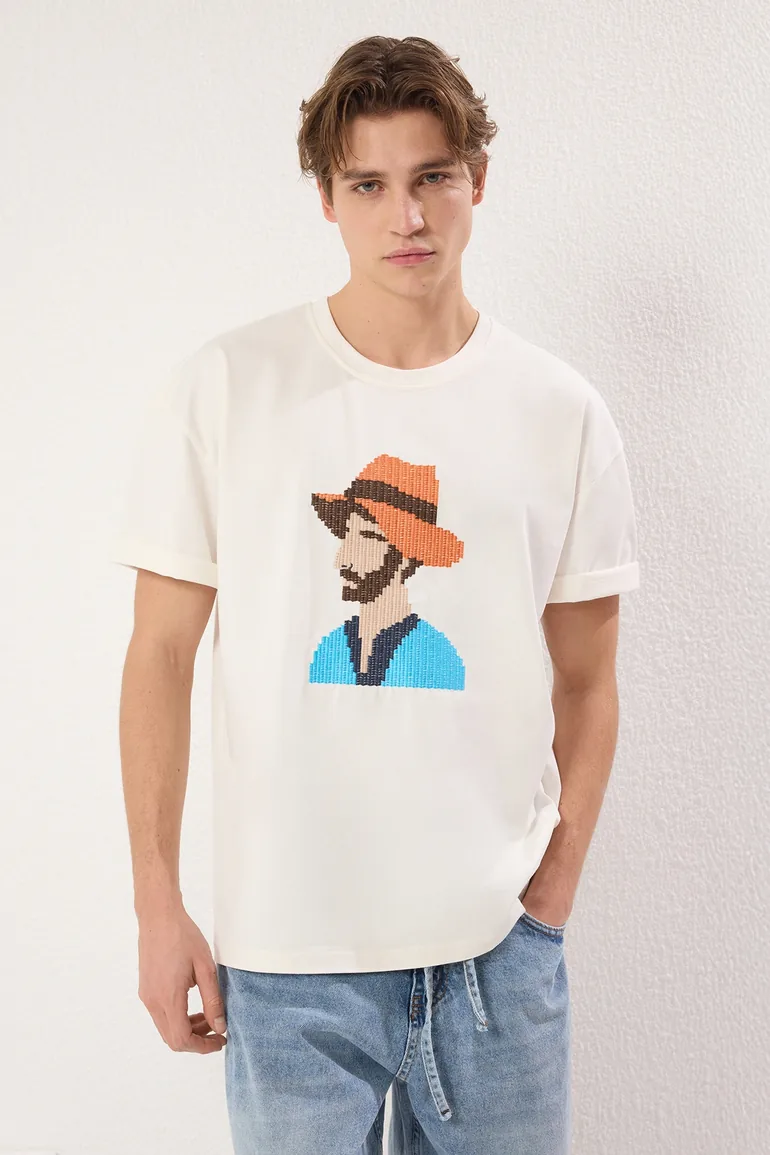 Ecru Oversize/Wide Cut Embroidered Thick 100% Cotton T-Shirt - 1