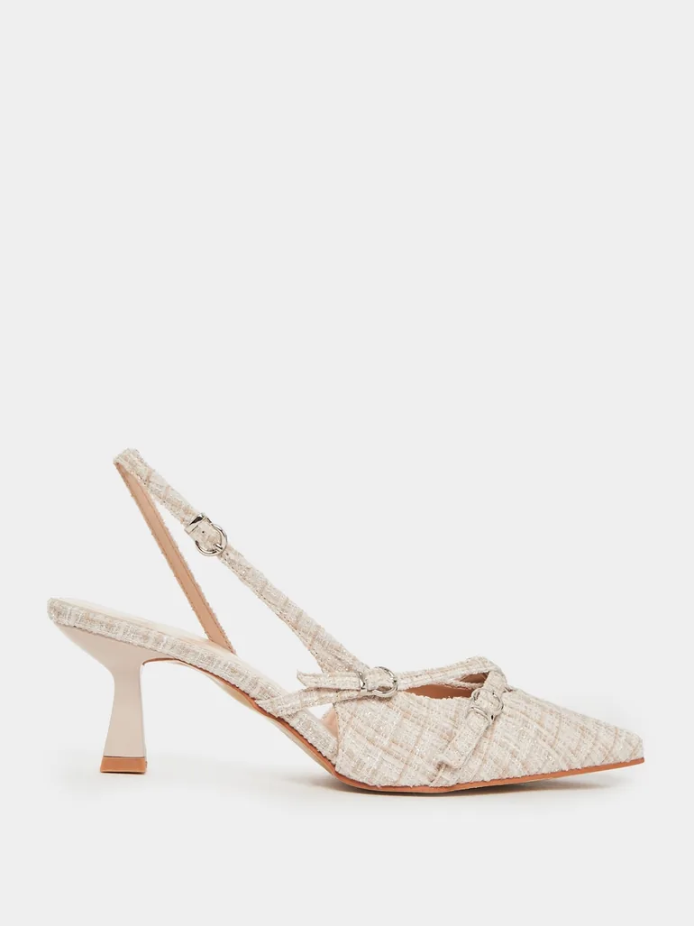Tweed Slingback Kitten Heels Pumps