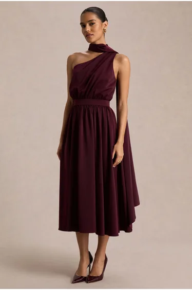 Caluna | Burgundy Satin Asymmetric-Neck Dress With Scarf-Detail
