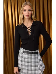 Black Mercerized-Look Premium/Special Thread Collared Knitwear Sweater