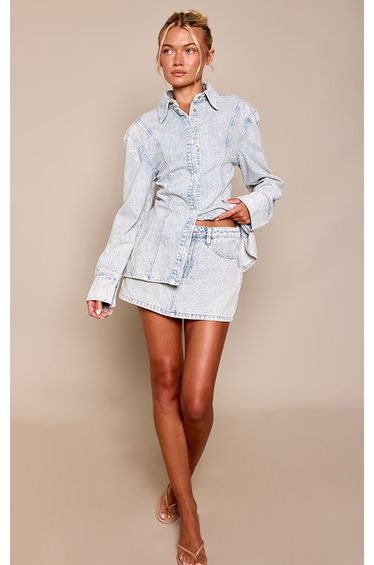 Light Acid Wash Boucle Denim Mid Rise Mini Skirt