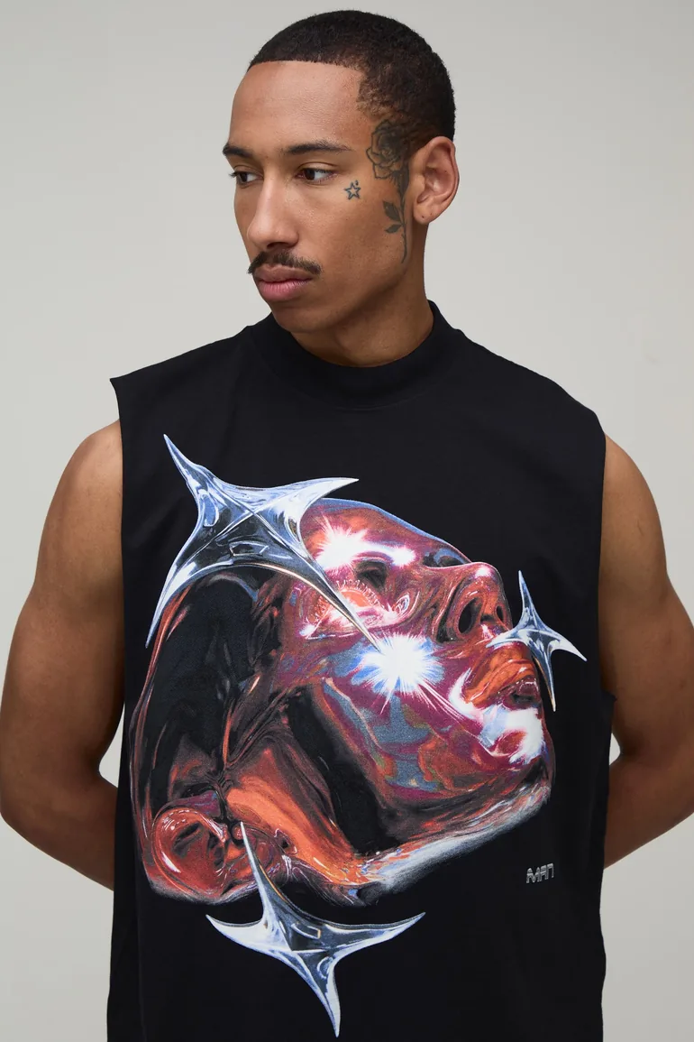 Black Oversized Face Graphic Tank - black - 2
