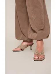 Chocolate Textured Square Toe Thong Heeled Mules