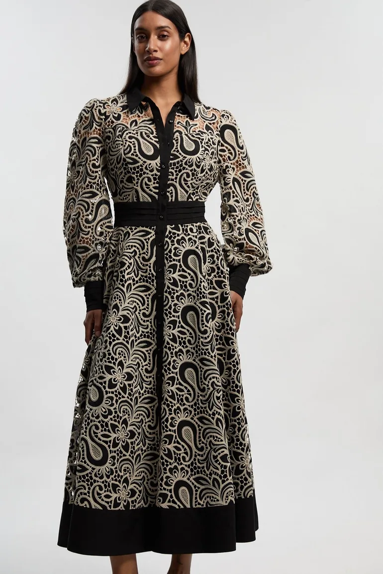 Mono Cutwork Woven Maxi Shirt Dress - 1